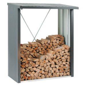 Biohort WoodStock 150 porta legna da ardere in grigio scuro metallizzato con legna.