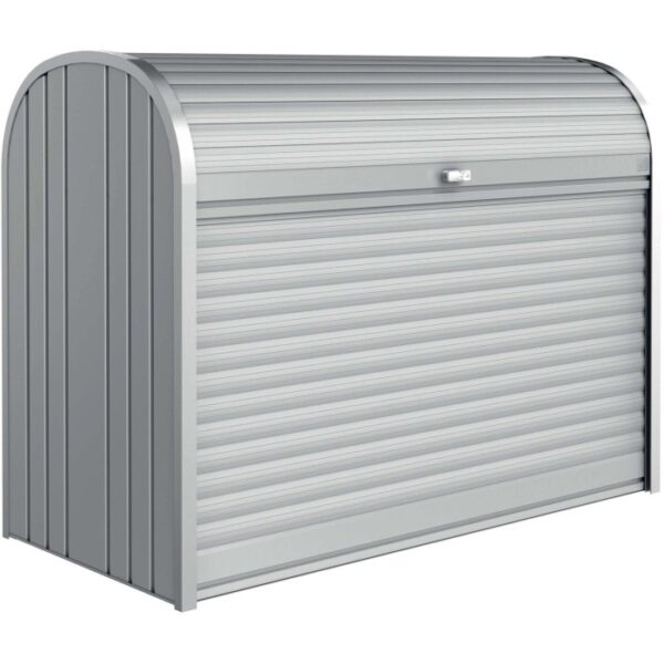 Biohort StoreMax 160 box da giardino in argento metallizzato con serranda e serratura a cilindro.