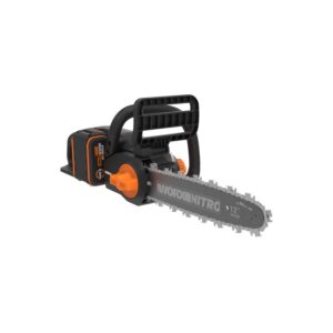 Motosega a batteria t.b.t. con lama da 30 cm in nero e arancione.