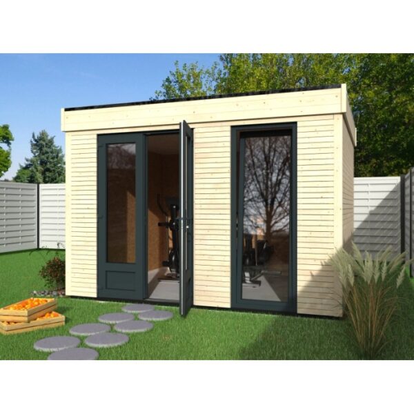 Casetta da giardino in legno Decor Home 9, 365x282cm, con studio e doppia porta. Ideale come gazebo o rimessa attrezzi.