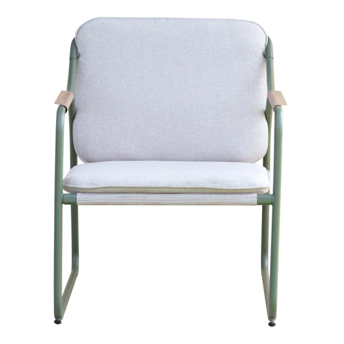 Sedia da giardino t.b.t. con cuscini chiari e struttura verde.