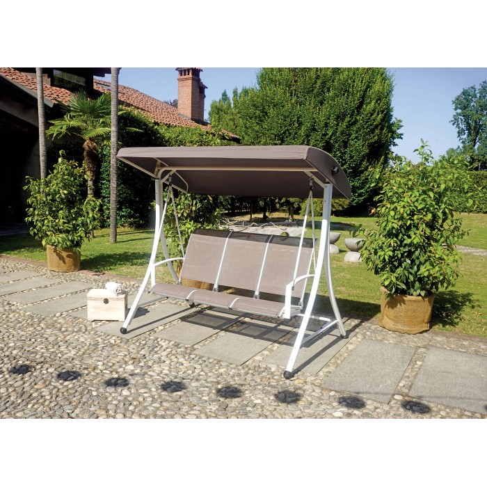 Altalena t.b.t. grigia con struttura bianca per il giardino.