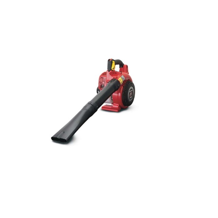 Soffiatore per foglie rosso con tubo nero per giardinaggio.