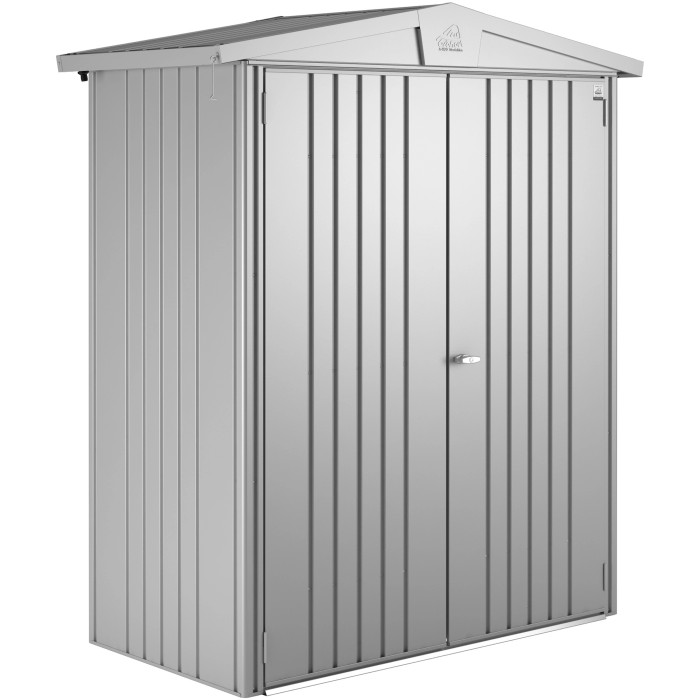 Casetta da giardino in metallo Biohort Europa, argento metallizzato, 1,3 m², casetta con tetto a due falde e doppia porta.