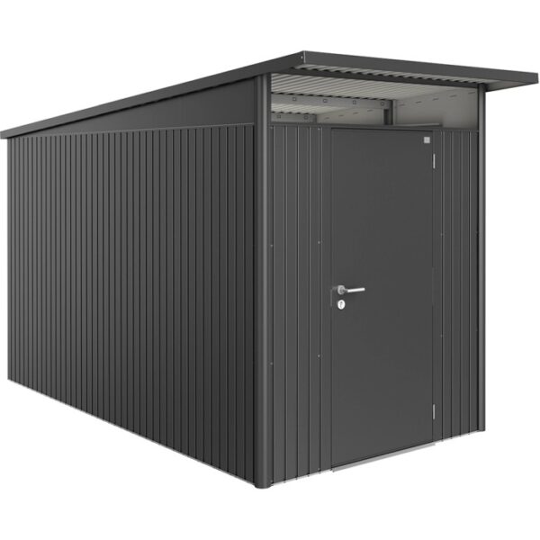 Casetta da giardino in metallo Biohort AvantGarde A4 grigio scuro metallizzato con porta standard.