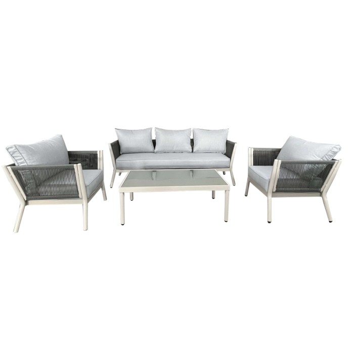Set di mobili da giardino t.b.t. grigio con divano, poltrone e tavolo.