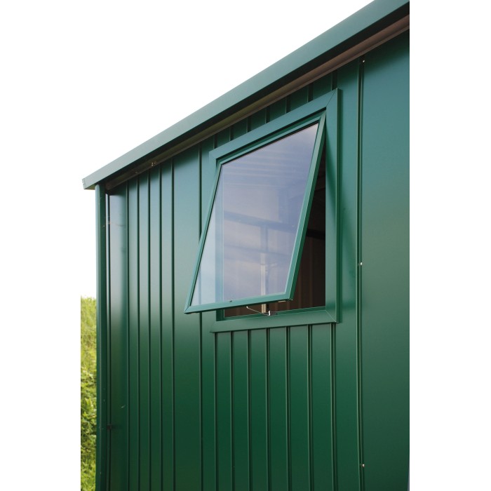 Finestra Biohort per casetta Europa, grigio scuro metallizzato, aperta.