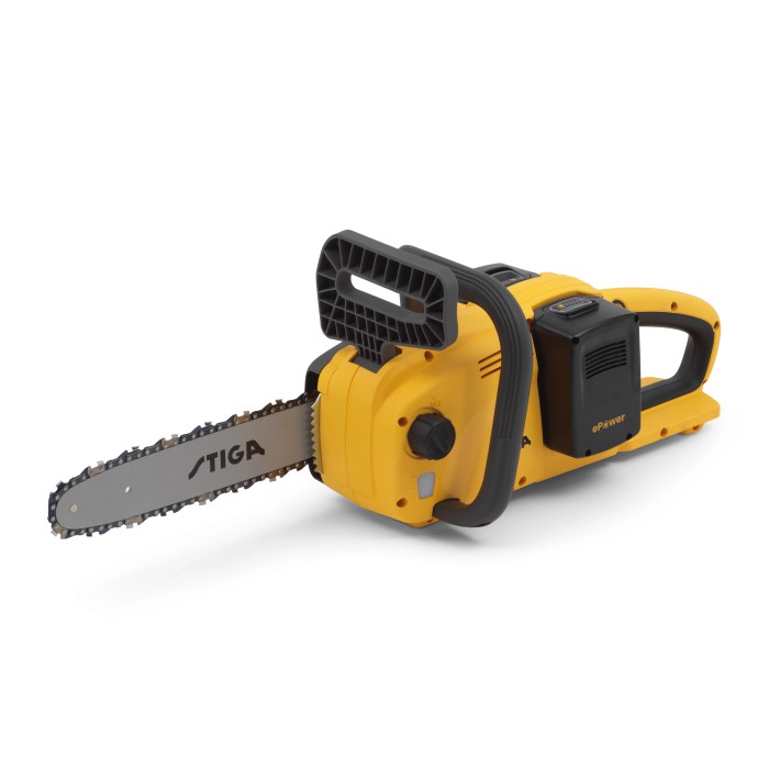 Motosega a batteria Stiga CS 300e gialla con batteria e lama. Ideale per il giardinaggio.