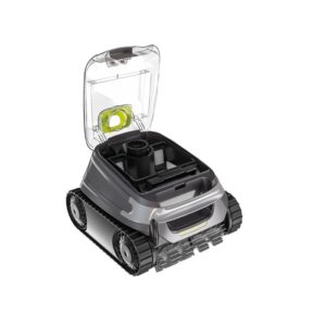 Robot piscina cordless Zodiac CNX-Li 5220 iQ grigio con coperchio aperto.