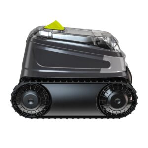 Robot piscina cordless Zodiac CNX-Li 5220 iQ grigio con cingoli e pulsante giallo.