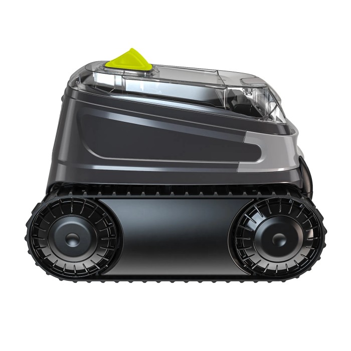 Robot piscina cordless Zodiac CNX-Li 5220 iQ grigio con cingoli e pulsante giallo.