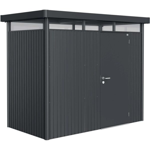 Casetta da giardino Biohort HighLine, grigio scuro metallizzato, 3,5 m² con porta singola. Ricovero attrezzi in metallo.
