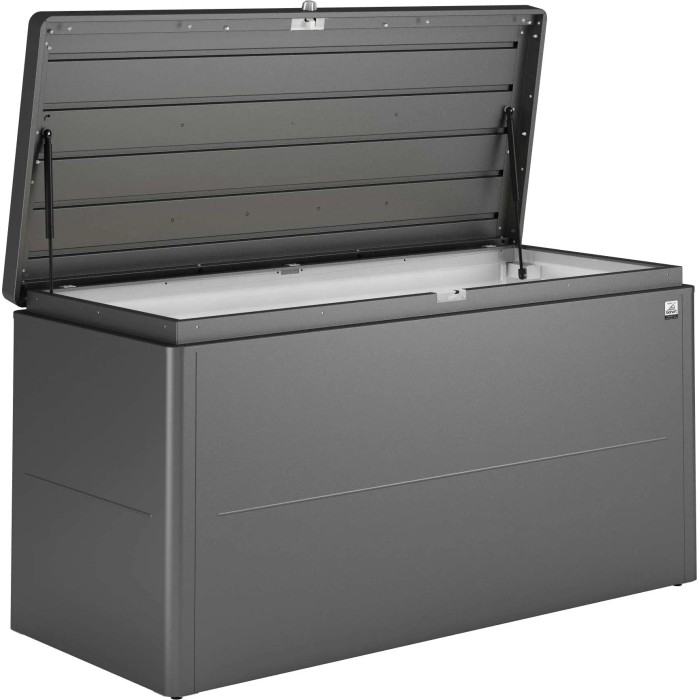 Biohort Loungebox Gr. 160 aperta, grigio scuro, ideale per riporre articoli da giardino.
