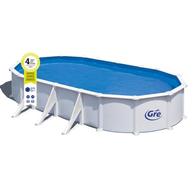 Piscina fuori terra ovale Gre Atlantis in acciaio bianco, 730x375x132 cm, con liner blu.