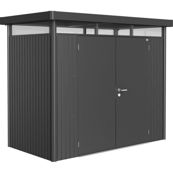 Casetta da giardino Biohort HighLine, grigio scuro metallizzato, 3,5 m² con doppia porta. Casetta in metallo con tetto piatto.