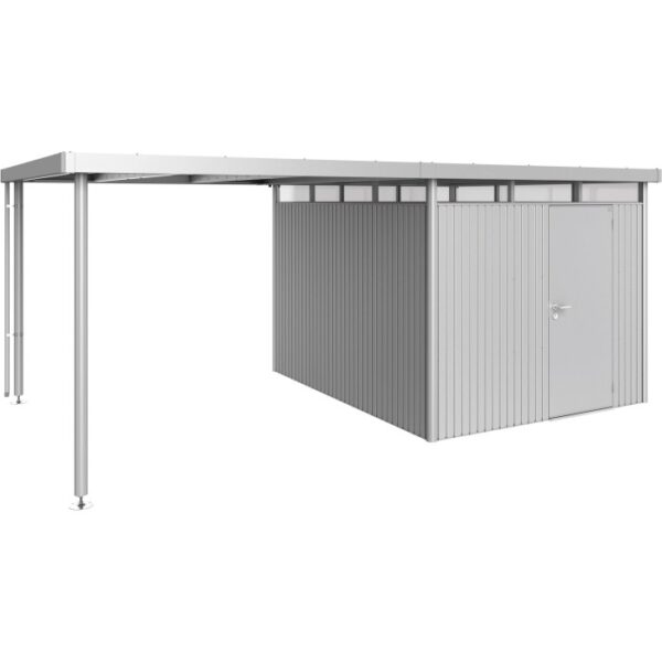 Tettoia laterale Biohort taglia L, argento metallizzato, per casetta da giardino HighLine H5. Spazio di stoccaggio aggiuntivo coperto.