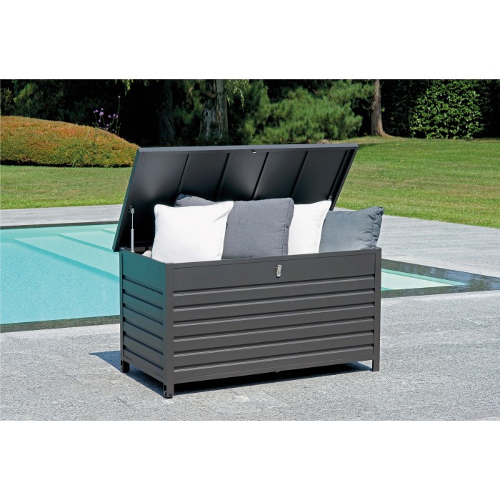 Box universale t.b.t. grigia con cuscini, ideale per giardino o terrazzo.