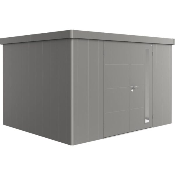 Casetta da giardino Biohort Neo 3D in grigio quarzo metallizzato con doppia porta. Design moderno per il giardino.