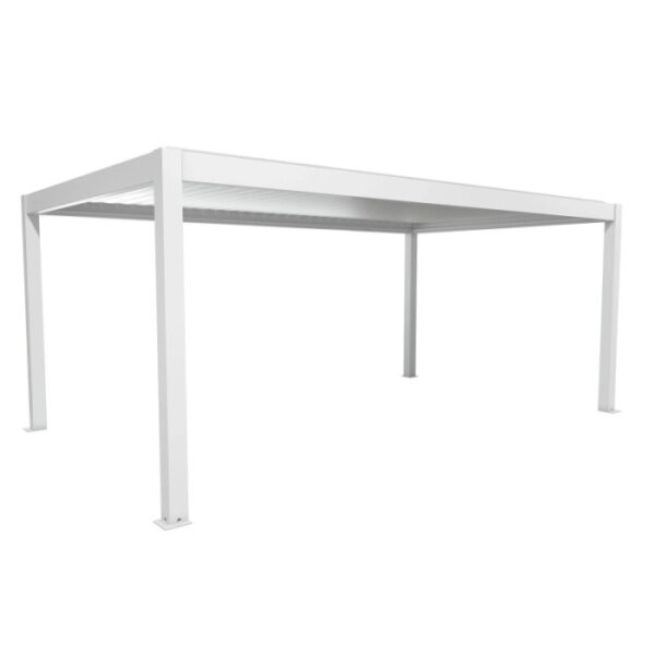 Pergola Biohort, 6x3,5 m, copertura per patio bianco-argento con tetto a lamelle.