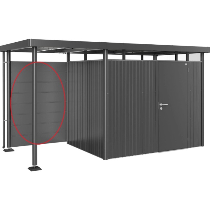 Pannello posteriore Biohort per tettoia laterale H2-H5, grigio scuro metallizzato, 134x181 cm. Accessorio per casette da giardino.