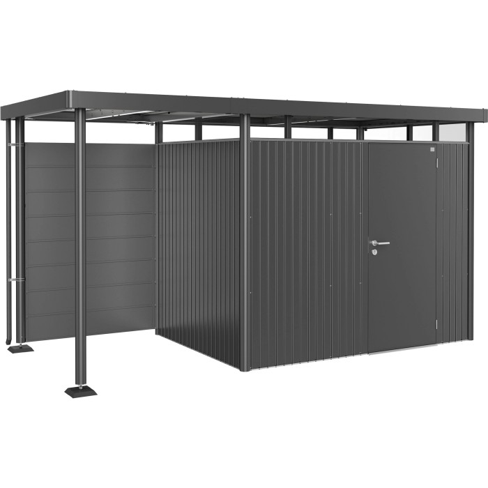 Pannello posteriore Biohort per tettoia laterale H2-H5, grigio scuro metallizzato, come accessorio per casette da giardino.