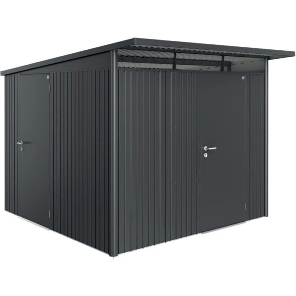 Casetta da giardino in metallo con due porte, box da giardino grigio per attrezzi e utensili.