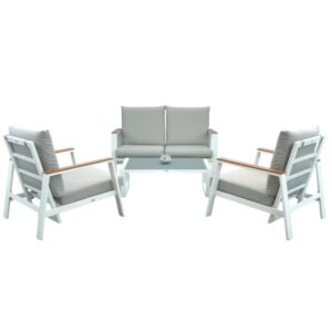 Set di mobili da giardino moderno con divano, due poltrone e tavolo. Ideale per terrazza e giardino.