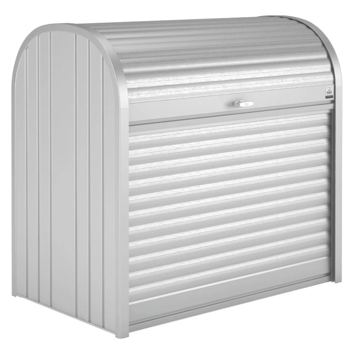 Biohort StoreMax 120 box da giardino in argento metallizzato con serranda e serratura a cilindro.