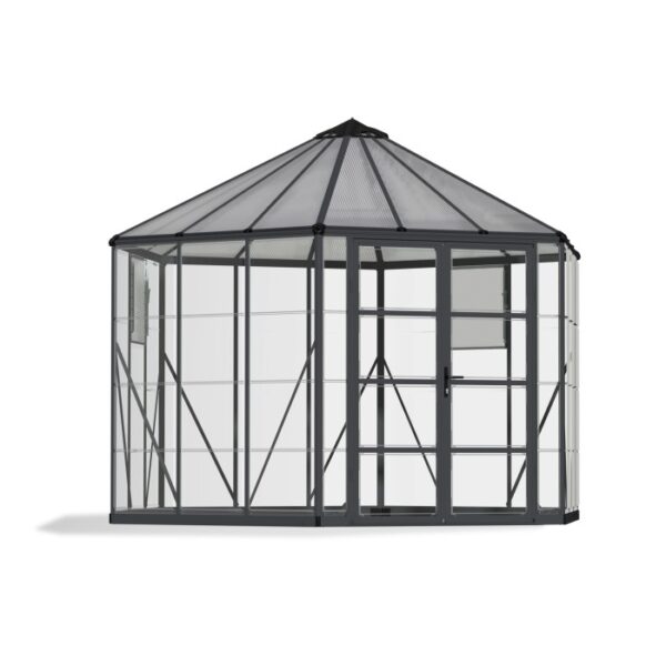 Serra Palram Canopia Oasis, 3.6x3.2m, esagonale, con vetro Pavi. Ideale come oasi di relax o per coltivare piante.