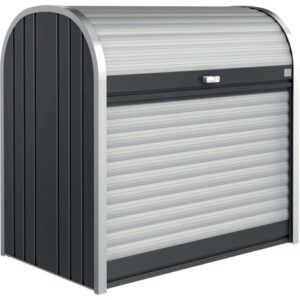 Biohort StoreMax 120 box da giardino in grigio scuro metallizzato con serranda e serratura a cilindro.