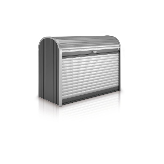 Biohort StoreMax 120 box da giardino, grigio scuro metallizzato, con serranda e serratura a cilindro.