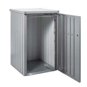 Box per bidoni Biohort Alex aperta, argento metallizzato, con meccanismo di ribaltamento per una facile rimozione.
