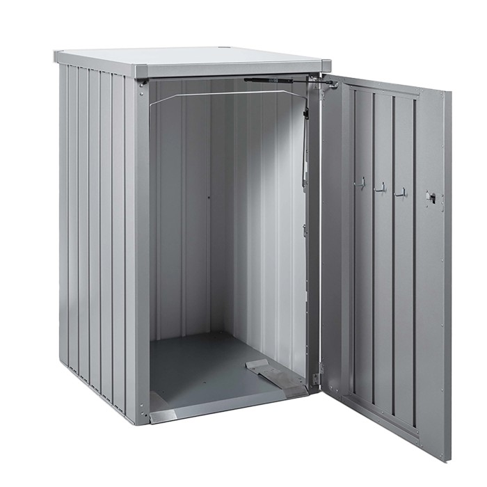 Box per bidoni Biohort Alex aperta, argento metallizzato, con meccanismo di ribaltamento per una facile rimozione.