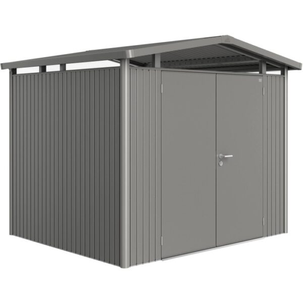 Casetta da giardino in metallo Biohort Panorama, grigio quarzo, 5,6 m², con doppia porta. Ideale per riporre gli oggetti in giardino.