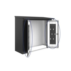 Pacchetto porta Biohort per WoodStock 230 in grigio scuro metallizzato con sistema di organizzazione.