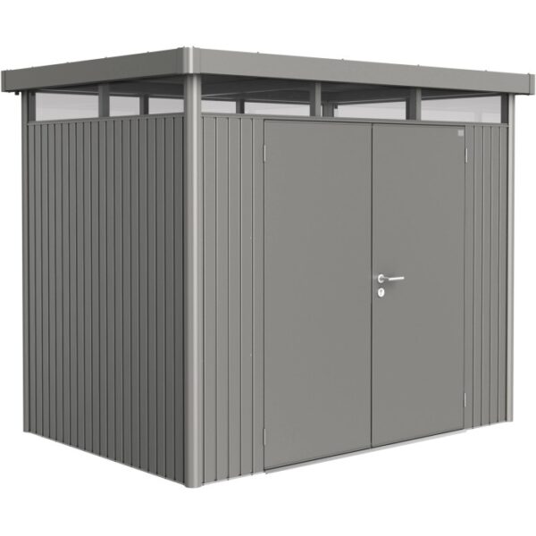 Casetta da giardino in metallo Biohort HighLine, grigio quarzo metallizzato, doppia porta. Design moderno.