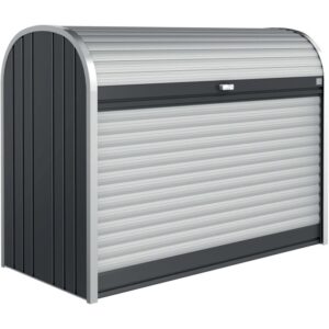 Biohort StoreMax 160 box da giardino in grigio scuro metallizzato con serranda e serratura a cilindro.