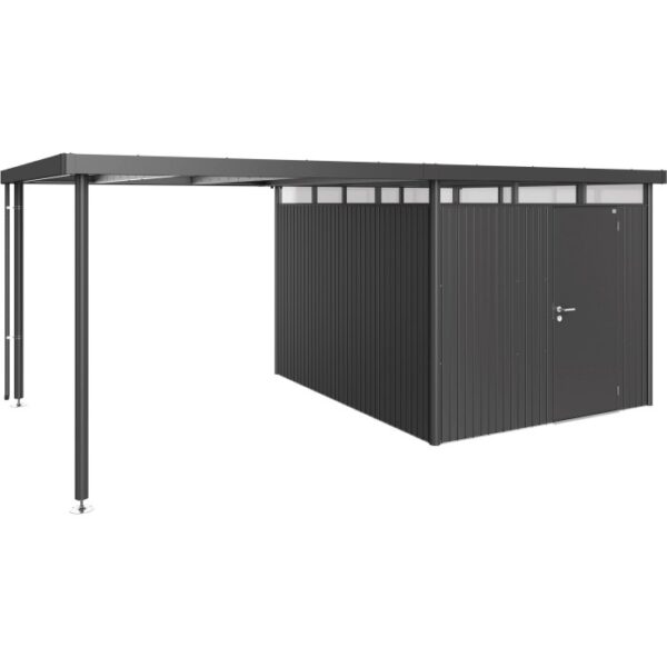 Tettoia laterale Biohort taglia L, grigio scuro metallizzato, per casetta da giardino HighLine H5. Spazio extra coperto.