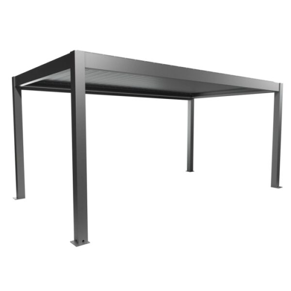 Pergola Biohort 5,5x3m in grigio quarzo metallizzato: copertura moderna per patio con tetto a lamelle.