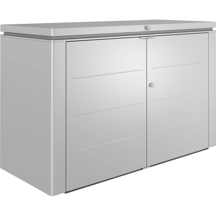 Biohort HighBoard 200 box da giardino in argento metallizzato: contenitore resistente alle intemperie con ante e serratura.
