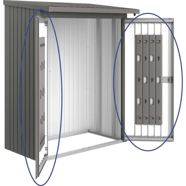 Pacchetto porta Biohort per legnaia WoodStock 150, grigio quarzo metallizzato, con sistema di stoccaggio.