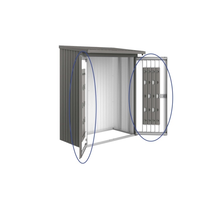 Pacchetto porta Biohort per legnaia WoodStock 150, grigio quarzo metallizzato, con sistema di stoccaggio.