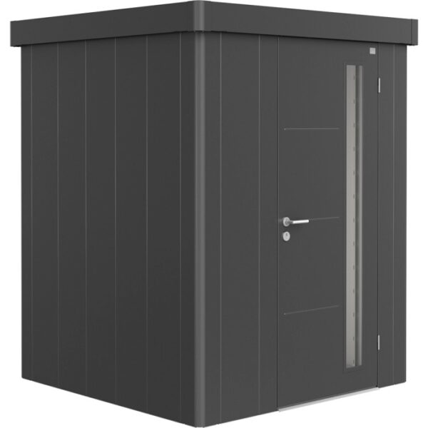 Casetta da giardino Biohort Neo 1A in grigio scuro metallizzato con porta standard. Casetta in metallo.