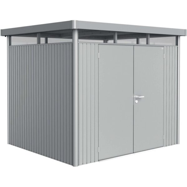 Casetta da giardino in metallo Biohort HighLine, 5,6 m², argento metallizzato con doppia porta.