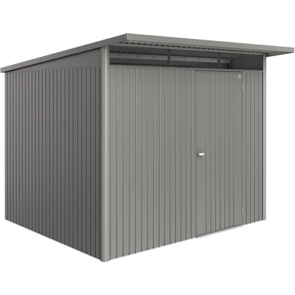 Casetta da giardino in metallo Biohort AvantGarde ECO A6, grigio quarzo metallizzato, con porta standard.