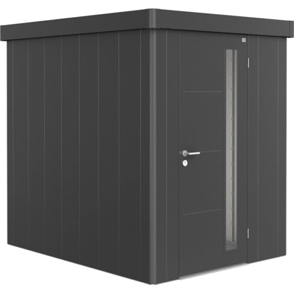 Casetta da giardino Biohort Neo 2A in grigio scuro metallizzato con porta standard. Robusto capanno in metallo.
