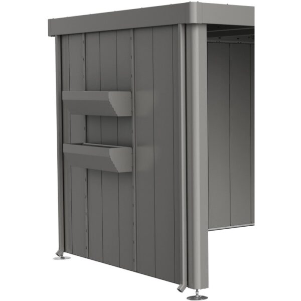 Biohort FloraBoard in grigio quarzo metallizzato su casetta da giardino Neo. Due fioriere per piantare.