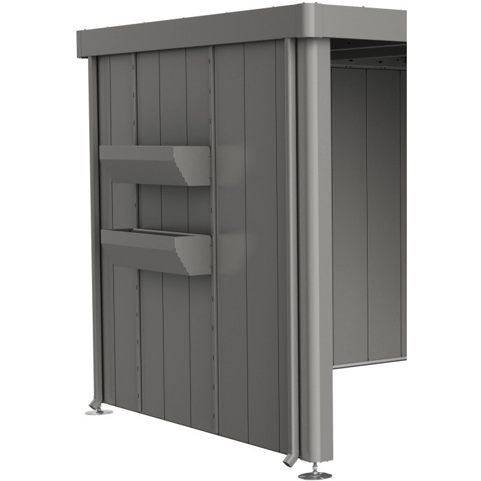 Biohort FloraBoard in grigio quarzo metallizzato su casetta da giardino Neo. Due fioriere per piantare.