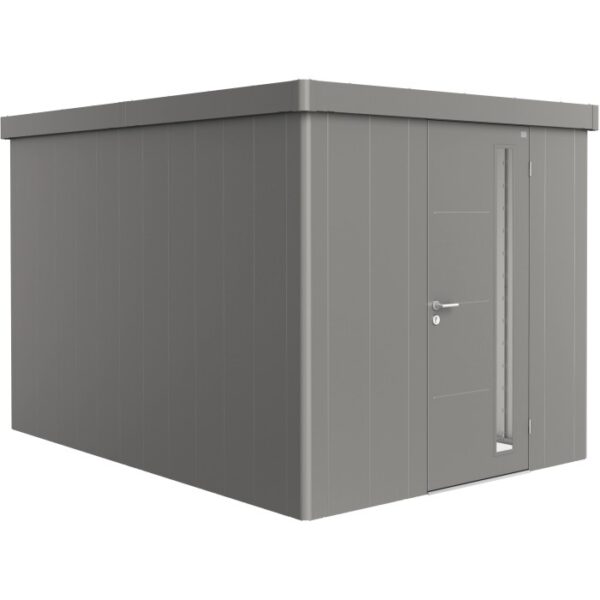 Casetta da giardino Biohort Neo 4B in grigio quarzo metallizzato con porta standard. Design compatto per il giardino.