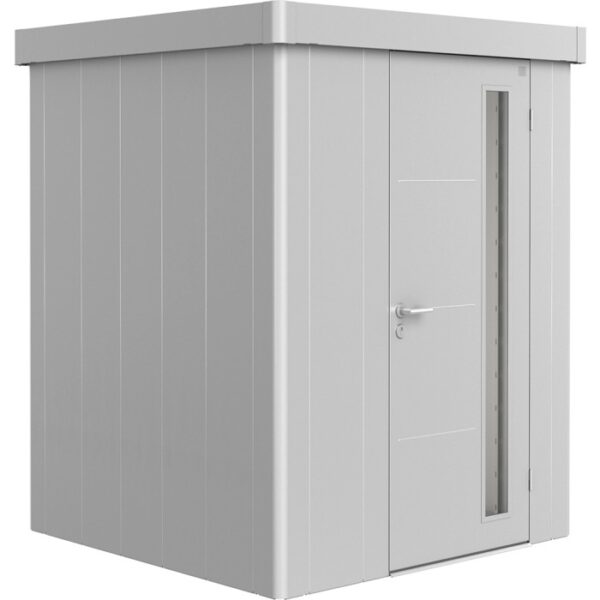 Casetta da giardino Biohort Neo 1A in metallo argentato con porta standard e finestra.